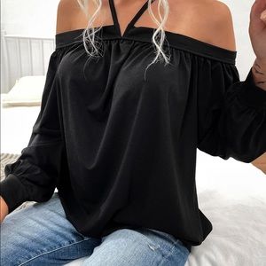 Off shoulder black solid light sweatshirt